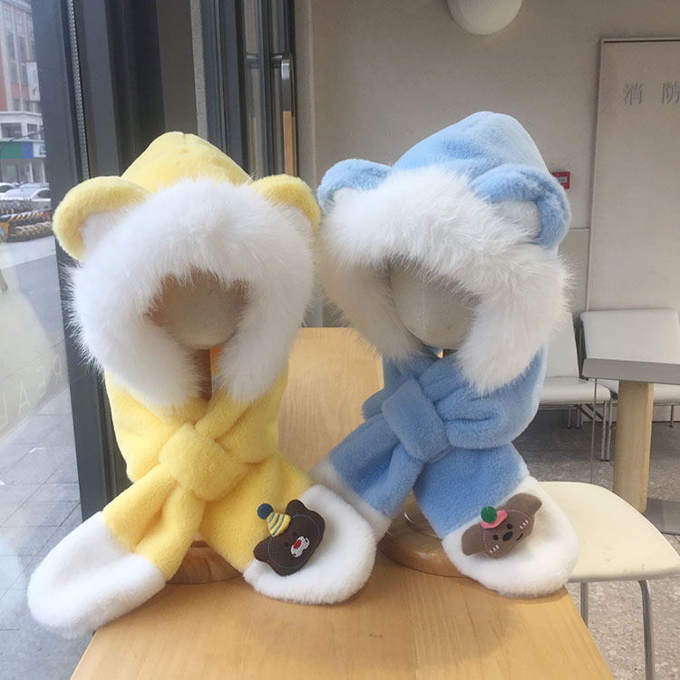 Korean baby winter warm and cute Christmas bear patchwork hat and scarf integrated fleece and thickened ear-protective cap Specification image