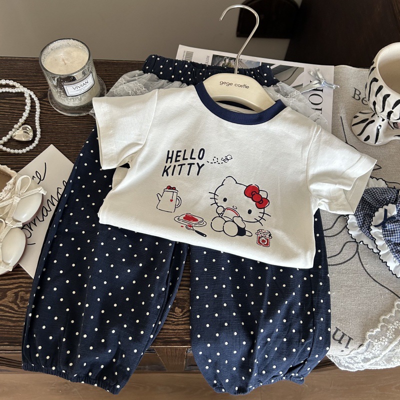 韩版童装2025新款夏季女童卡通印花短袖T恤蕾丝花边波点裤两件套