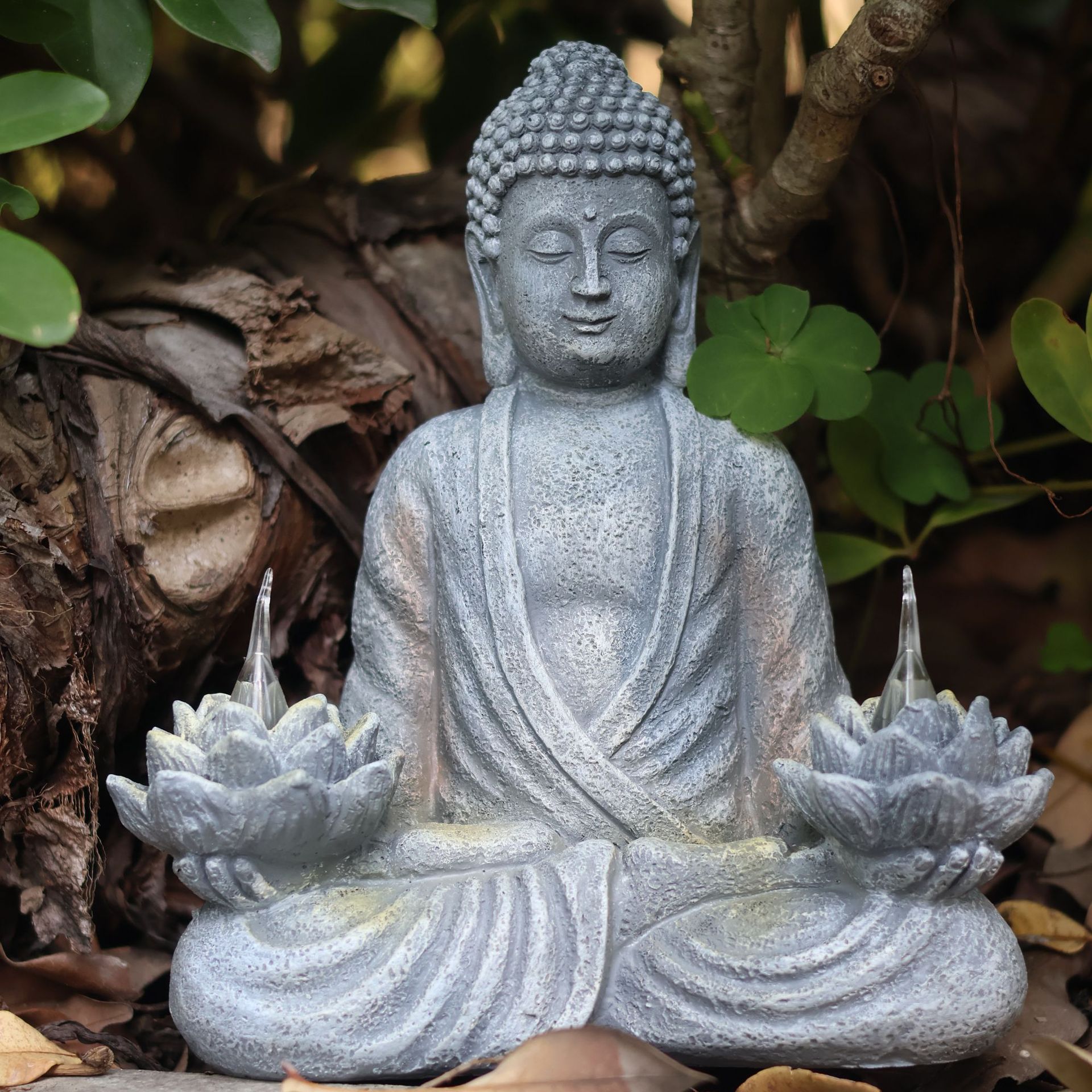 佛像禅雕塑瑜伽花园装饰带LED太阳能莲花灯坐着冥想的佛陀树脂