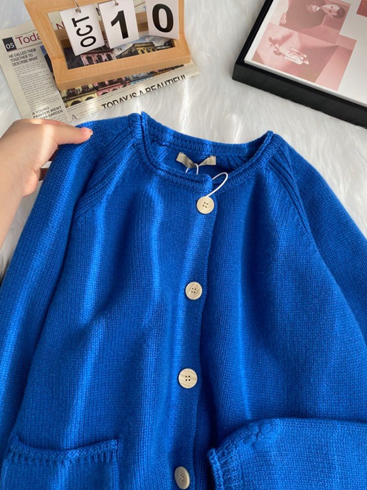 Sanlida Dikailin blue knitted cardigan sweater jacket for women's early spring, with a unique design sense and blue lantern sleeves Item Picture