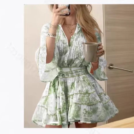 European and American women's dress, short V-neck dress with Chinese style printing, lotus leaf sleeves and tie, fashionable overseas warehouse Specification drawing