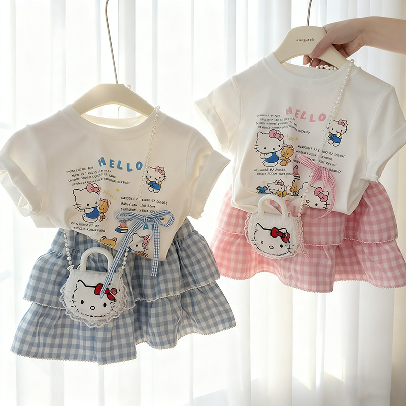 Summer girls' pure cotton short-sleeved T-shirt + skirt two-piece set, children's dress pants sweet two-piece set, baby Application Scenario