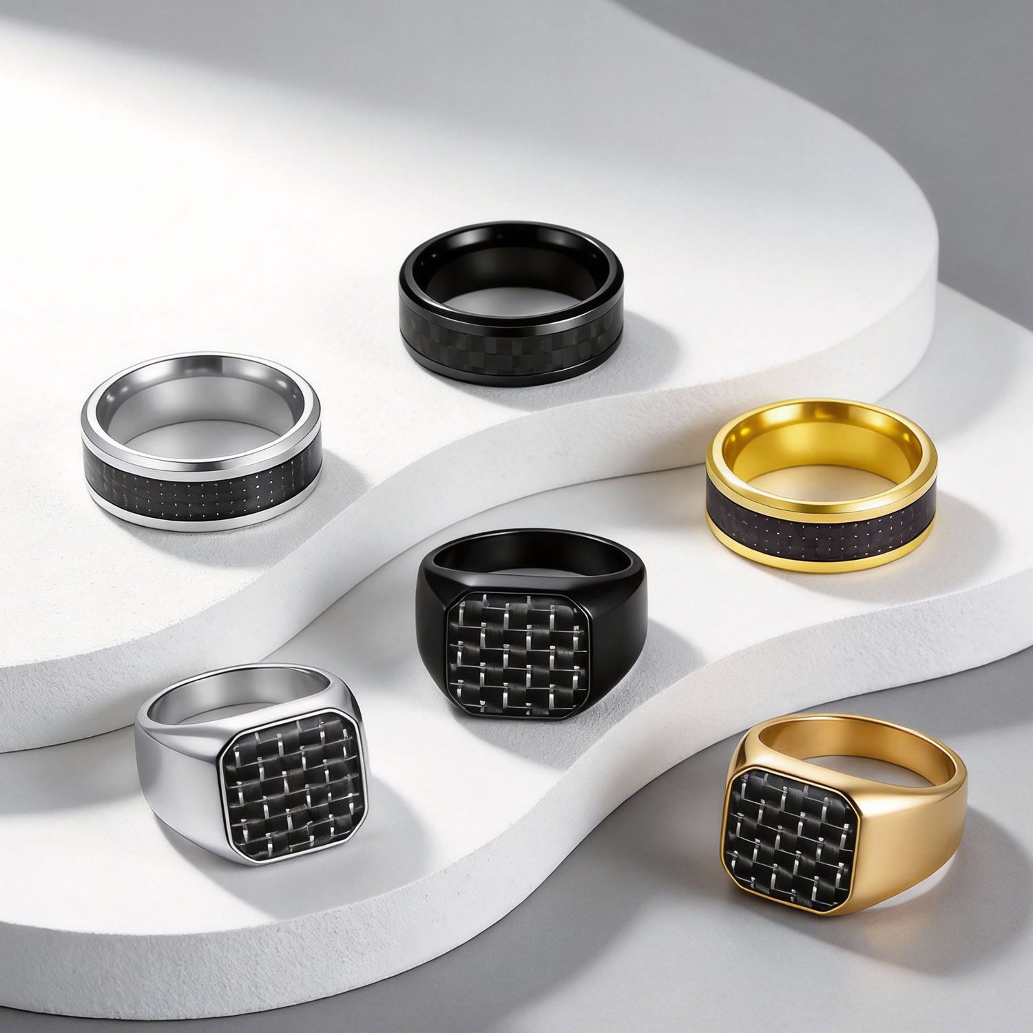 Cross-border supply of fashionable and personalized carbon fiber titanium steel rings, simple stainless steel seal rings and accessories from Europe and America details Picture