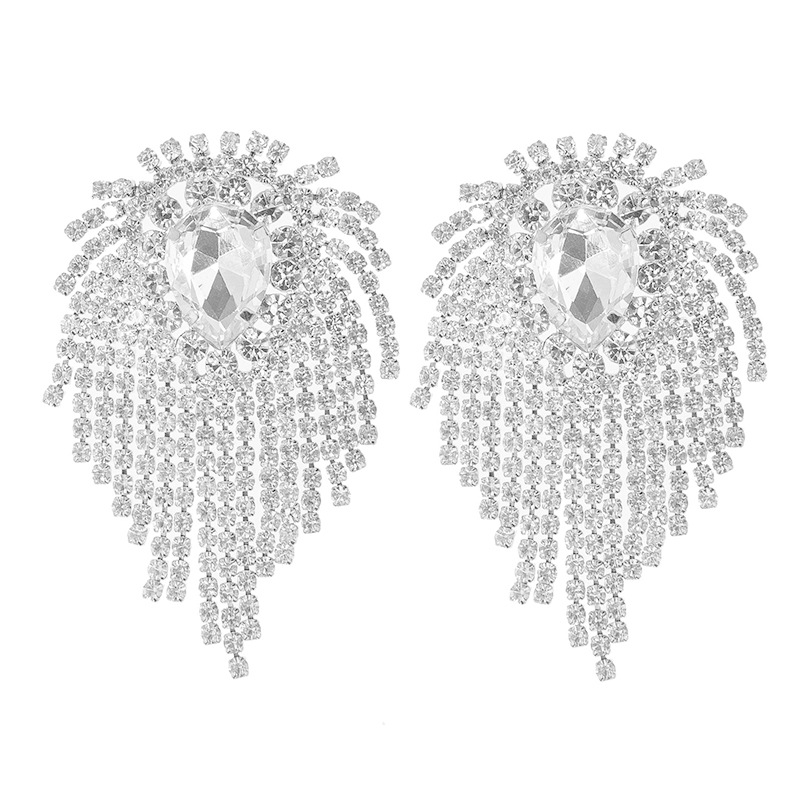 Cross-border fashion full-diamond catwalk dress accessories, rhinestone earrings, and popular European and American claw chain tassel earrings Item Picture
