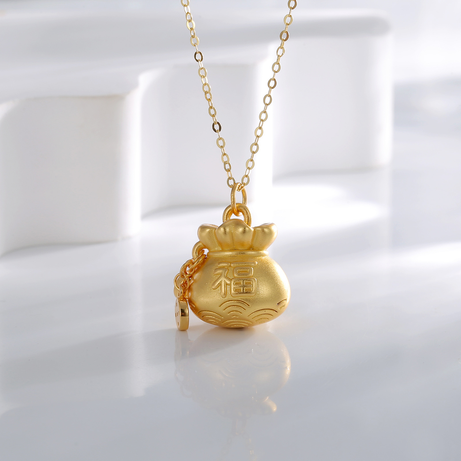S925 sterling silver 3D hard silver Auspicious Lucky Bag pendant Necklace, National trend Peace lock coldbone chain supplier in the live streaming room