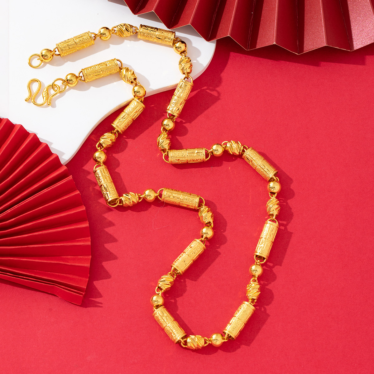 Cross-border men's bold and powerful copper gold-plated jewelry, bucket beads, Buddhist prayer beads, solid necklace, high-end and versatile, personalized jewelry trend Specification image