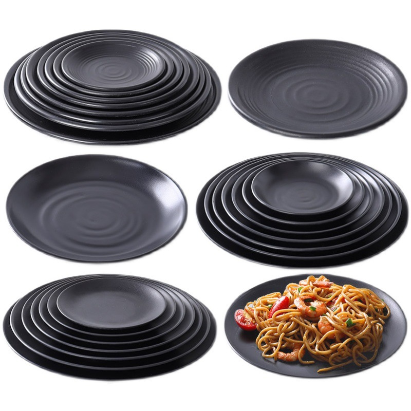 Melamine tableware, commercial black round plates, bar snack plates, restaurant plates, bone plates, vegetable plates, shallow plates, fast food, rice bowls with toppings Application Scenario