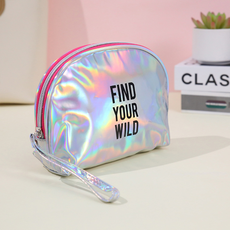 Cross-border letter laser PU makeup bag, women's portable semi-round hand-held makeup bag, waterproof toiletries storage bag Specification image