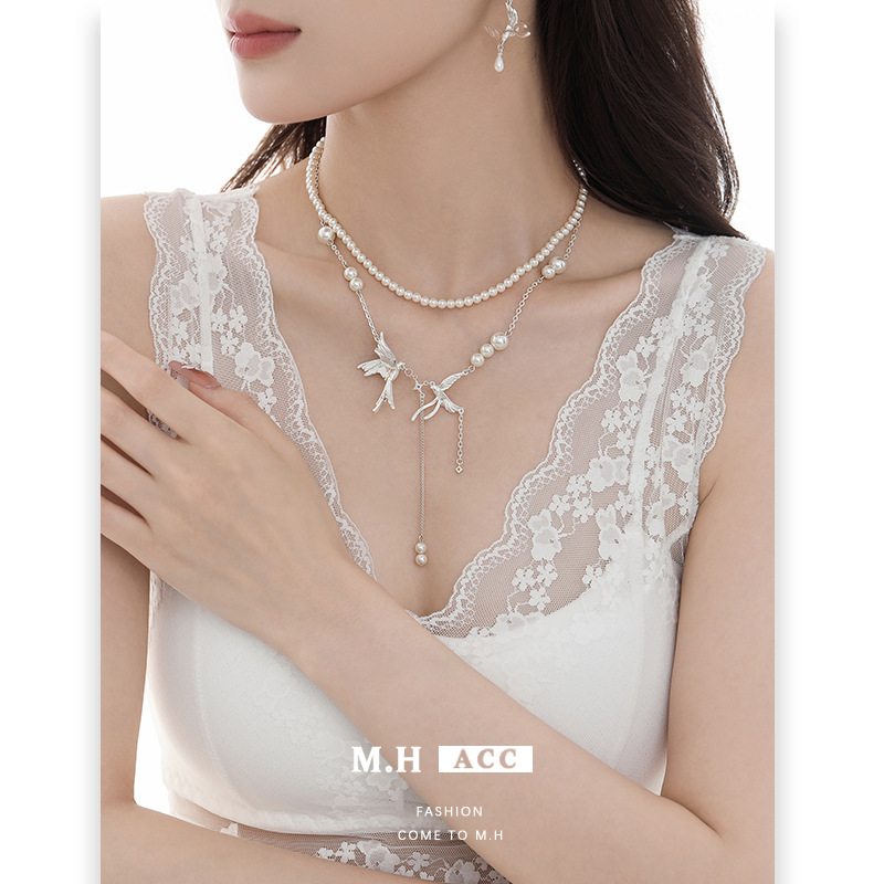 New Chinese-style double-layer cascading pendant feather chain pearl necklace for women, fashionable, exquisite, versatile and high-end collarbone chain wholesale Specification image
