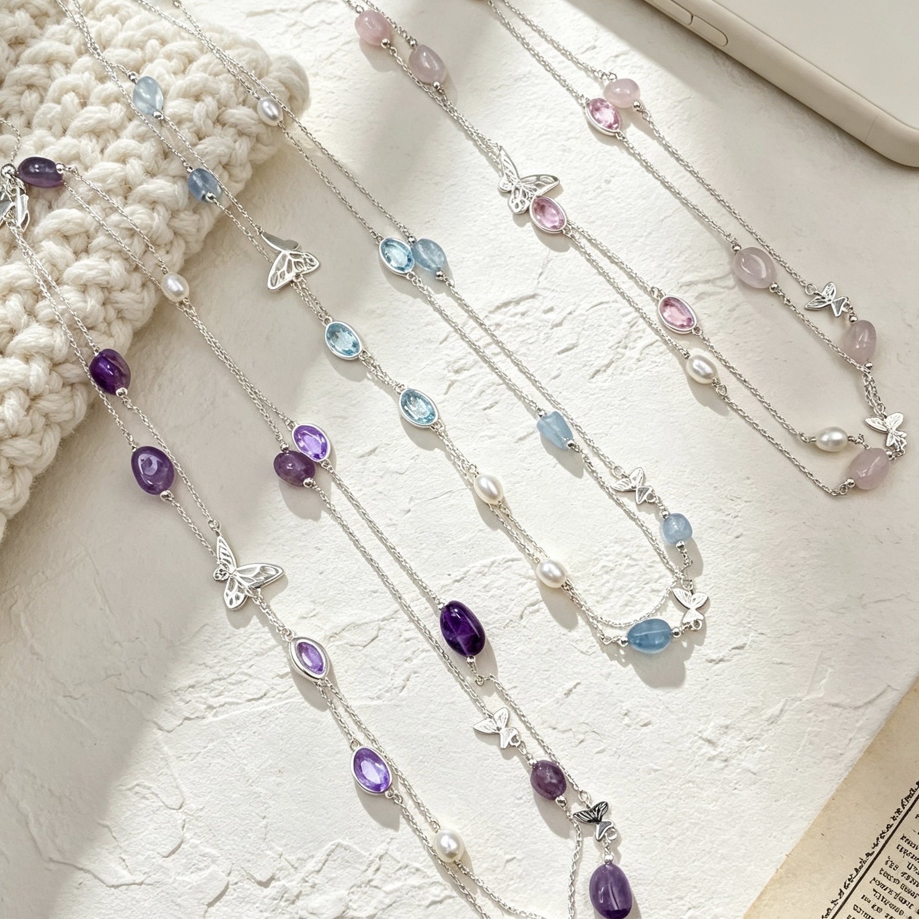 Double-layer butterfly pendant necklace, colorful round beads and pearl spliced collarbone chain, gentle and ethereal multi-color women's neck jewelry wholesale details Picture