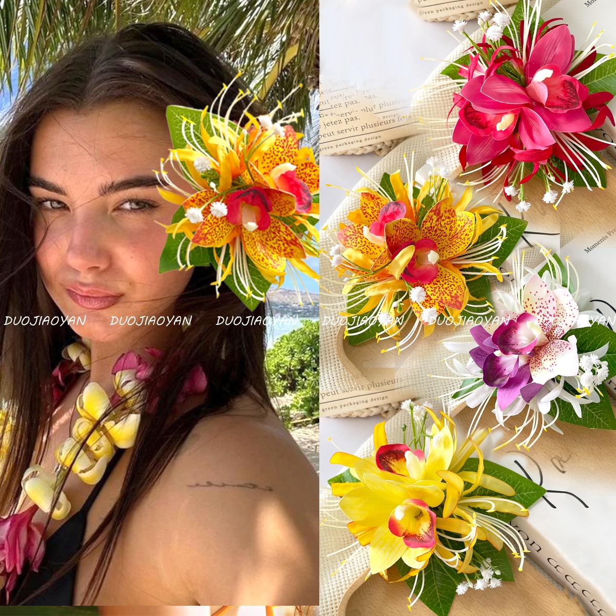 Cross-border bestsellers: orchid hair clips, Hawaiian faux fabric flower hair clips, headwear, beach vacation photo hair accessories details Picture