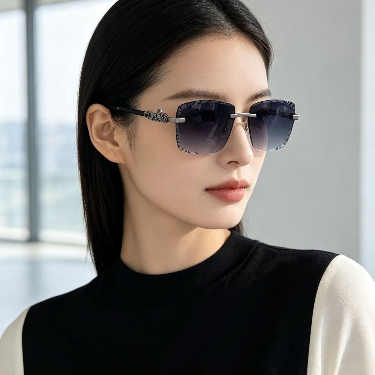 New cross-border unisex frameless sunglasses with rectangular leopard head decoration, retro street style glasses and UV-resistant sunglasses