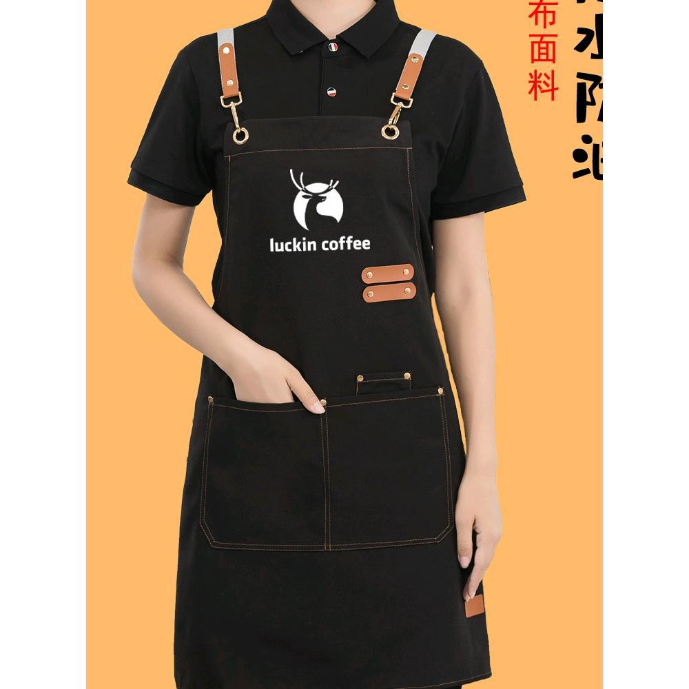 Customized canvas apron with logo printing, waterproof work clothes for restaurants, milk tea shops, flower shops, supermarkets and cake shops, women