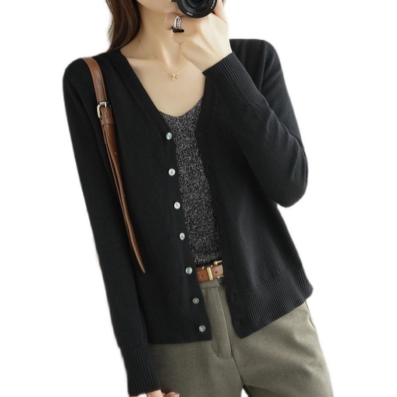 Wholesale 2025 Spring and autumn new knitted sweater V-neck cardigan women's coat solid color loose short style paired with sweater spring Item Picture