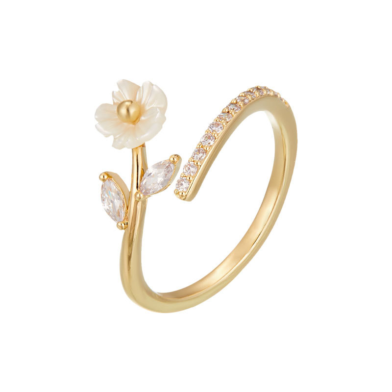 Fresh and elegant mother-of-pearl flower open ring, copper alloy slightly inlaid zircon adjustable index finger ring, exquisite ring Item Picture