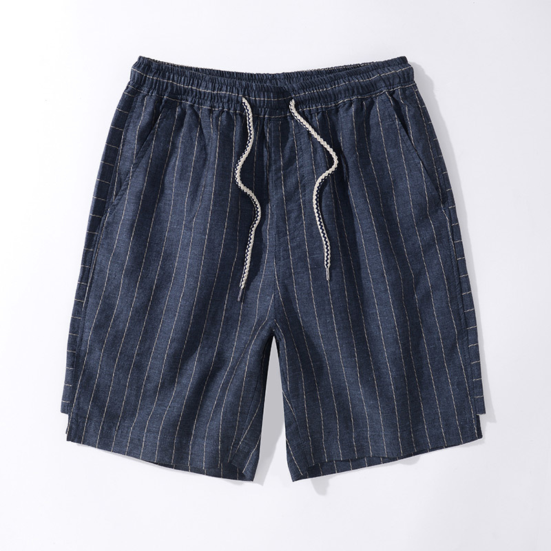 国潮中国风亚麻短裤男青年日系复古条纹麻棉五分裤松紧运动透气沙滩裤