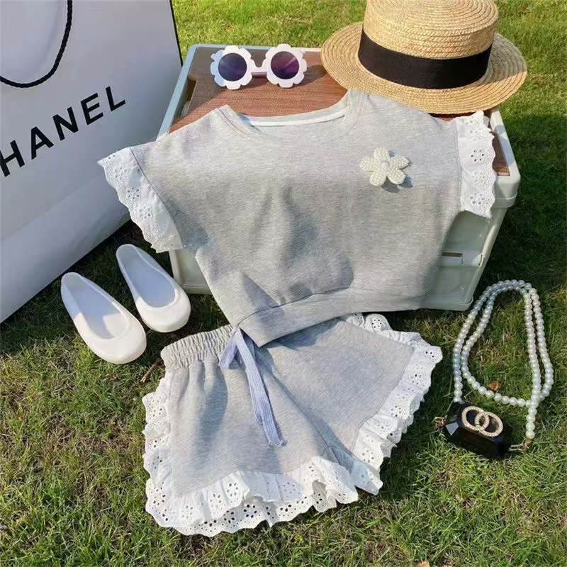 Chica vestido de verano bebé versión coreana casual encaje encaje manga corta camiseta pantalones cortos cortos dos piezas zoe Specification image