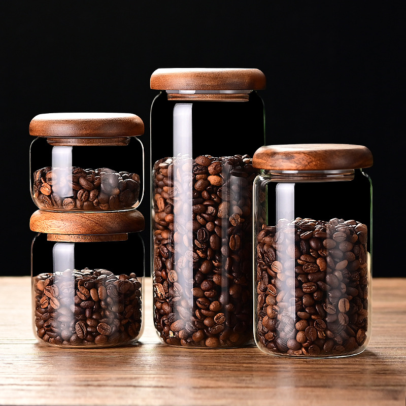 High borosilicate small sugar cup, acacia wood lid, simple transparent mini sealed jar, candy coffee bean kitchen storage box Specification image