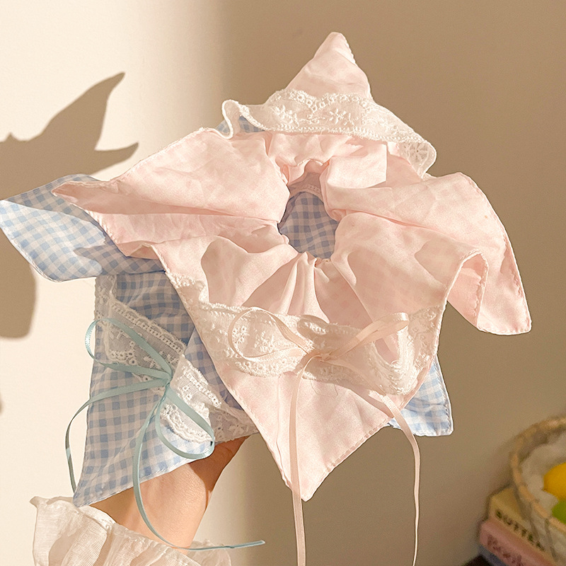 清新甜美蕾丝蝴蝶结格子方巾大肠发圈少女扎马尾头绳皮筋发饰批发