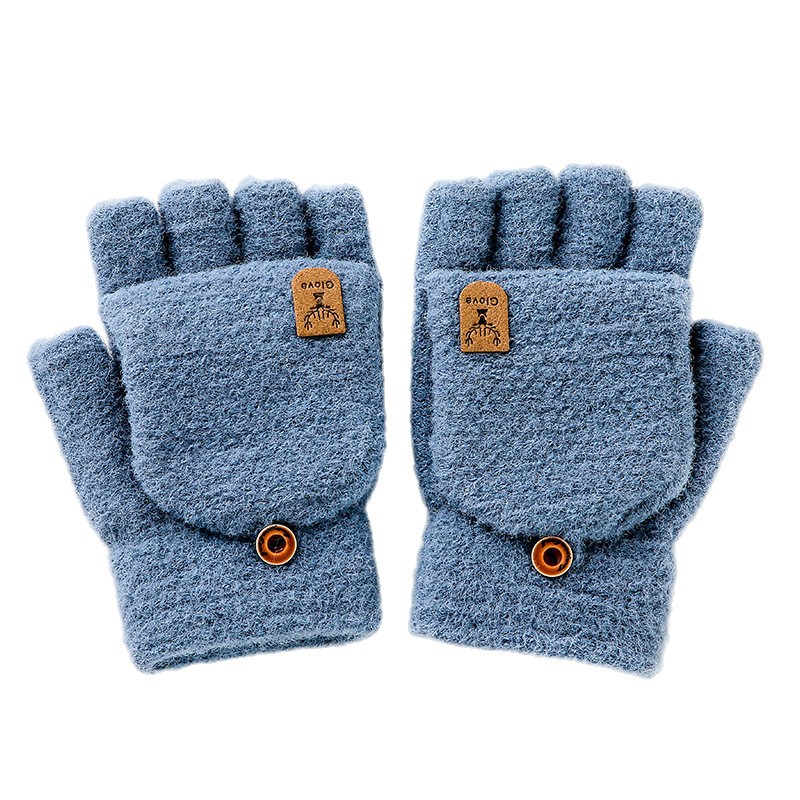 新款男士冬季手套 厂家保暖两用学生韩版半指翻盖提花针织手套白底实物图