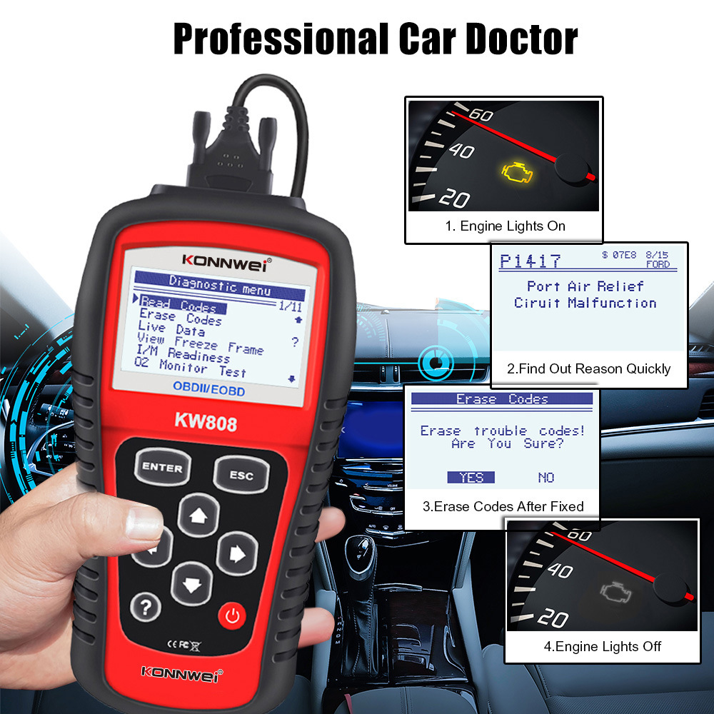 The ELM327OBD2AL519KW206 car fault diagnostic instrument, detector and scanner of the same model as MS509, KW808 Specification image