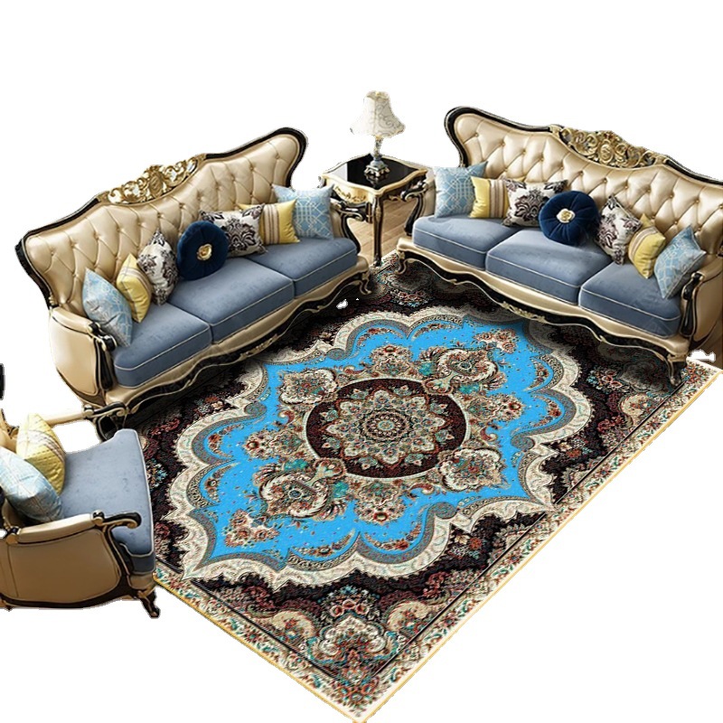The living room, bedroom and bed are covered with large areas of Bohemian retro ethnic style carpets. The coffee table, sofa and floor MATS are all covered with carpets Item Picture