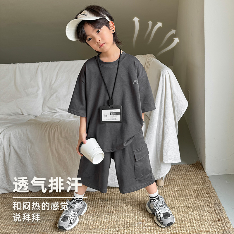 Haima Children's Clothing 2026 Summer New Boys' pure cotton short-sleeved T-shirt and Shorts Set, American loose summer wear trend Specification image