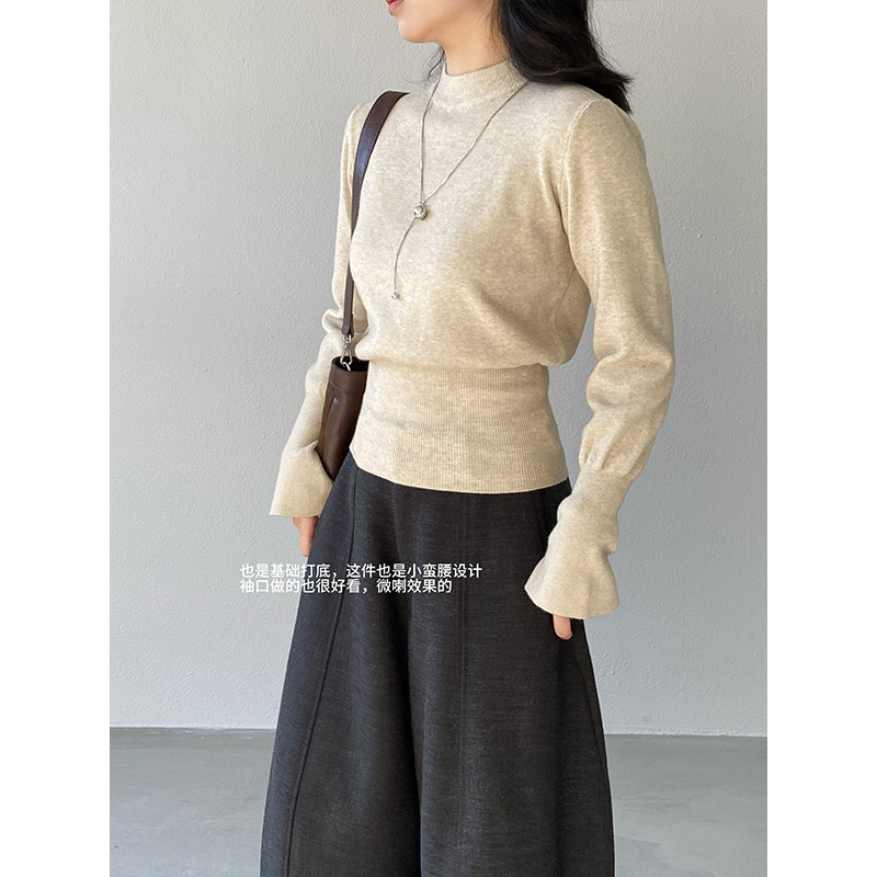 Jiangzuo [Winter Daylight] Korean-style semi-high neck flared sleeve knitted sweater for women to slim their waisted waist in winter 3012