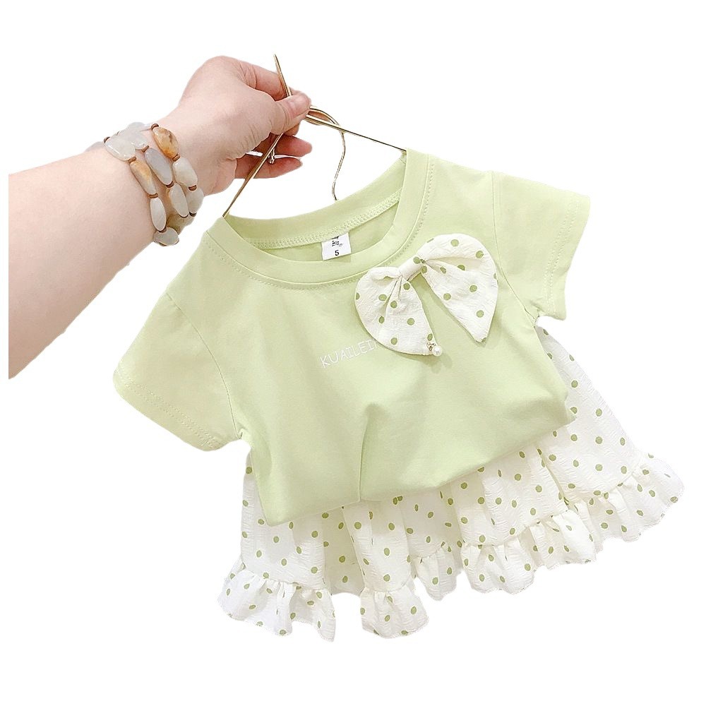 Summer girls' and children's short-sleeved T-shirt top + polka dot mini skirt two-piece children's stylish T-shirt set Item Picture