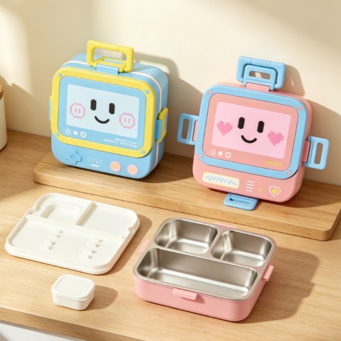 baby lunch box Cartoon robot Stainless steel children's compartments Lunch box Portable bento box Specification image