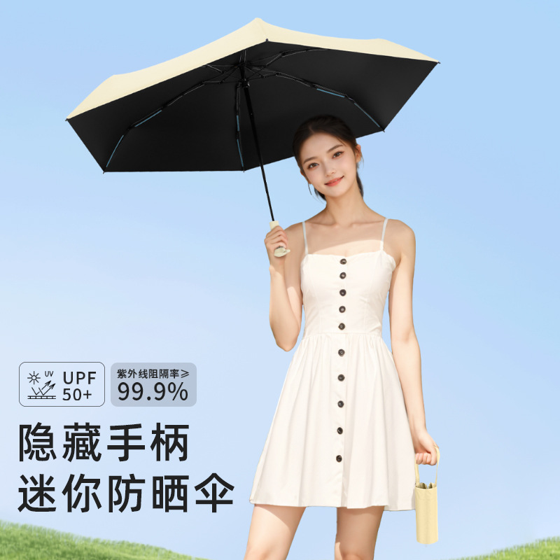 This ultra-light mini umbrella with a telescopic handle can be used in both sunny and rainy weather, providing sun protection and UV protection. It is a folding black rubber female sun shield details Picture