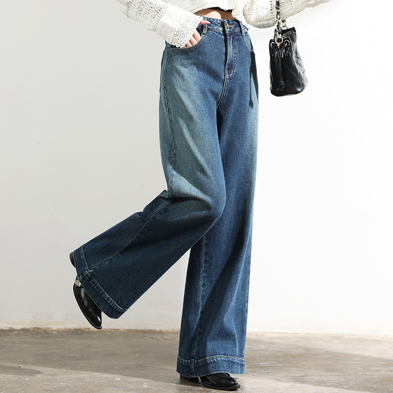 厂家直销新款时尚设计感磨白水洗蓝牛仔裤口袋拼接宽松垂感拖地裤