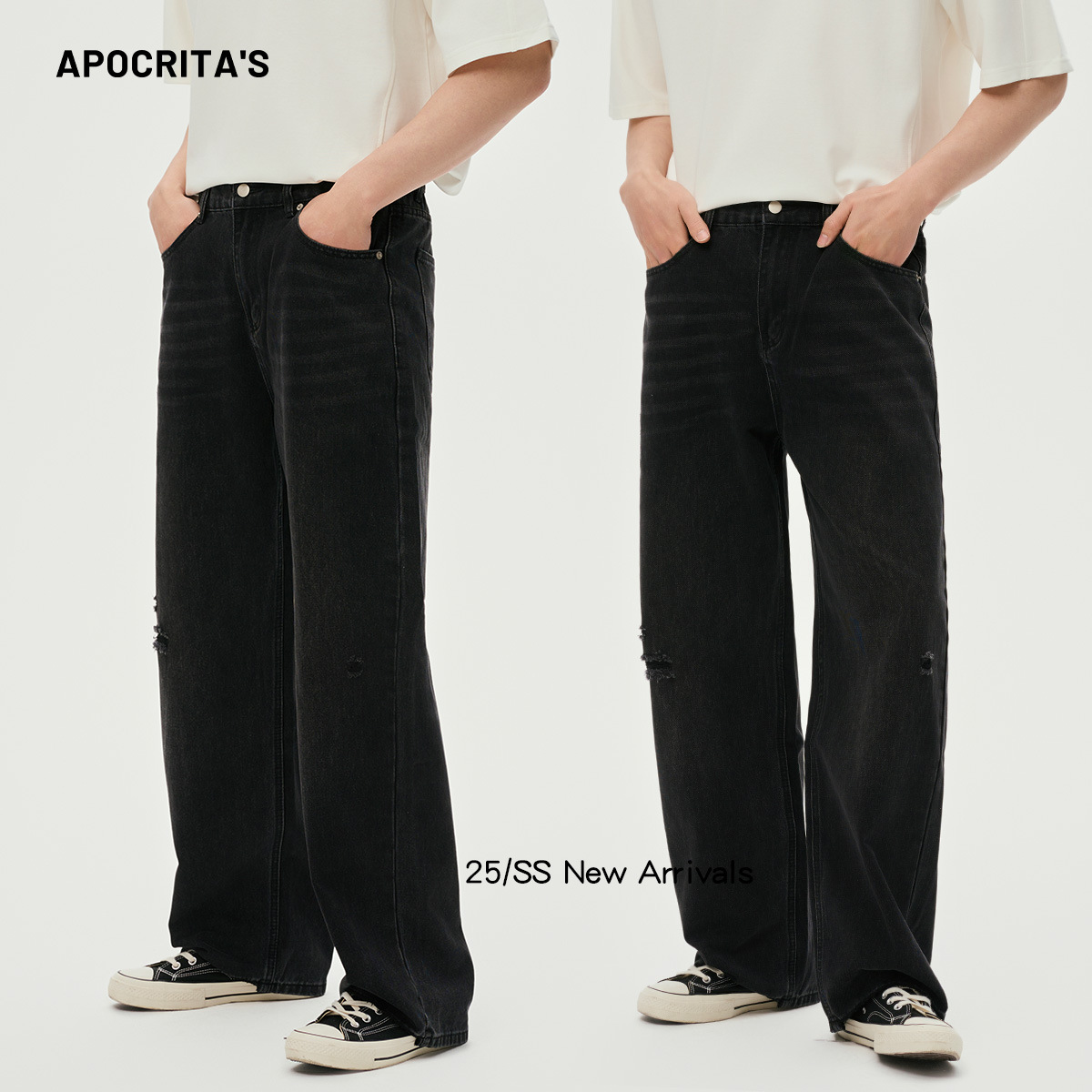 APO Men's Wear: American high street washed ripped men's jeans, high-end, trendy, cool and loose straight-leg trousers details Picture