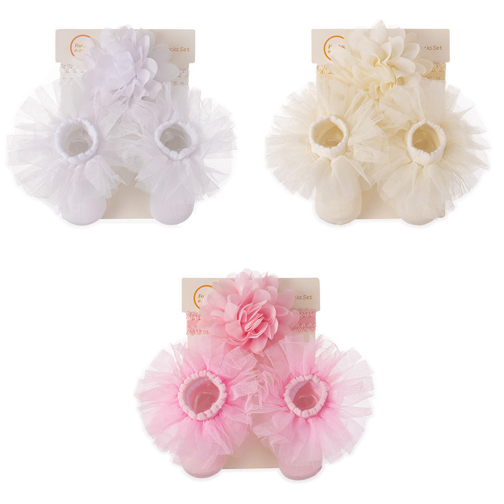 韩版新款婴儿发带网纱袜子套装新生婴儿纯棉袜子发饰宝宝百日礼品白底实物图