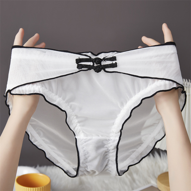 Trendy Chinese-style women's sexy and comfortable underwear, delicate mesh fabric elegant and fashionable one-button mid-waist underwear for women 7616 Specification image