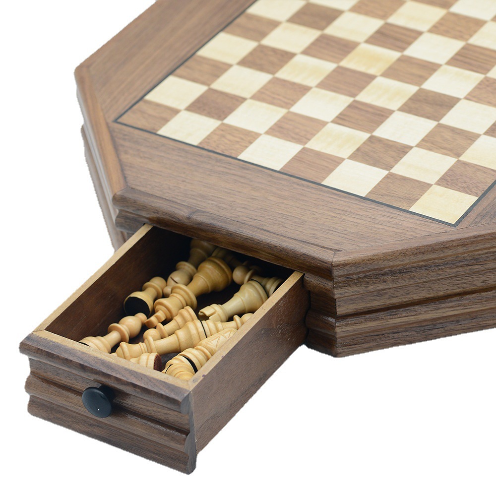 Octagonal multi-sided wooden chess magnetic card game drawer for chess piece storage, cross-border special wooden details Picture