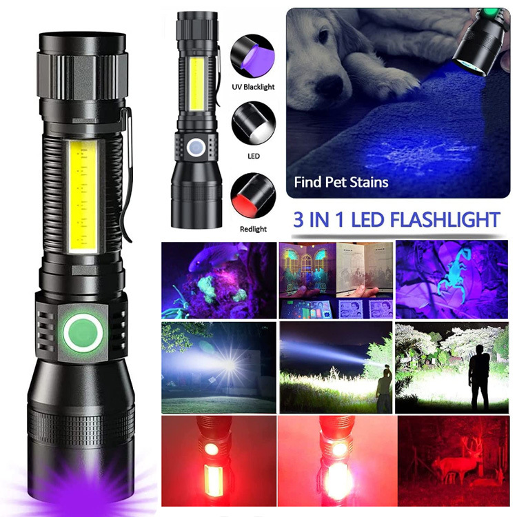 USB charging fluorescent agent detection flashlight, red light, white light, purple light, COB strong light focusing flashlight, 7 functional magnets Specification image