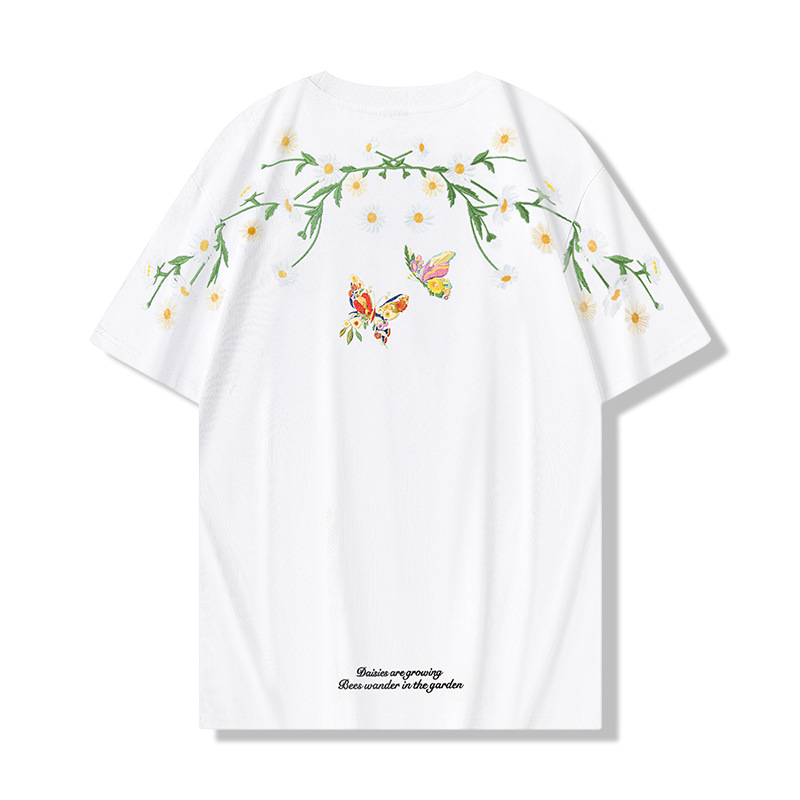 2026 National Trend short-sleeved T-shirt, butterfly light change embroidery, Chinese style, round neck, pure cotton loose half-sleeve, national trend summer Application Scenario