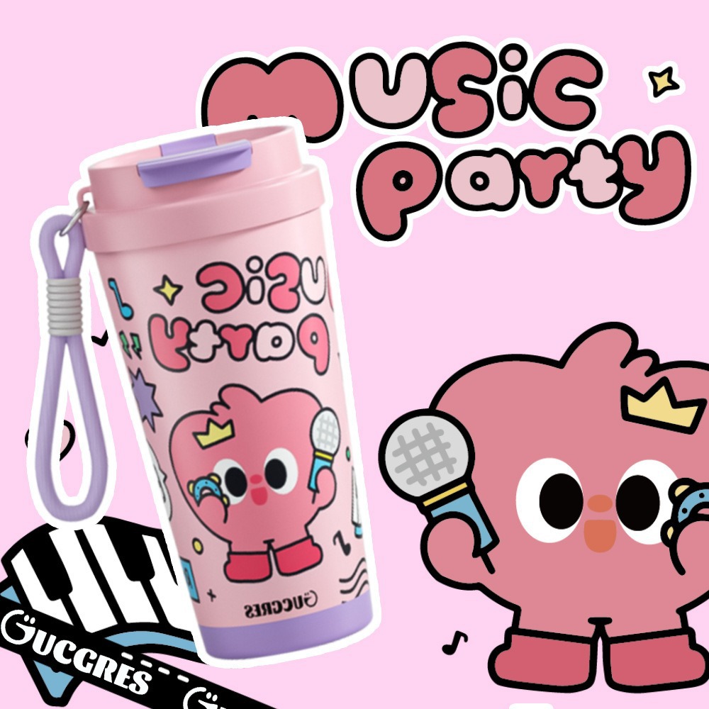 New cartoon coffee cup with high appearance level, girls' double-drinking thermos cup, student portable straw cup, stainless steel water cup