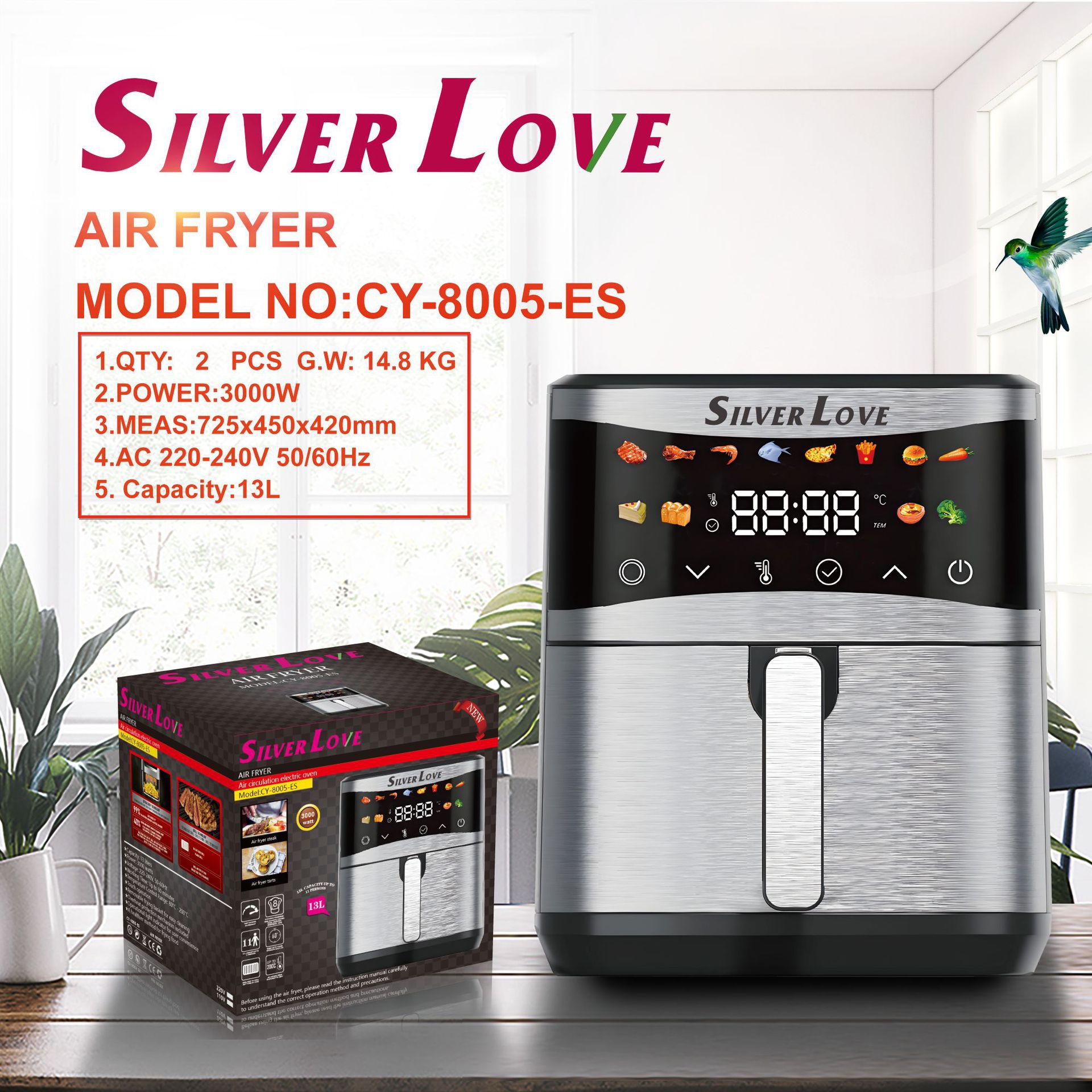 Export 3000W high-power air fryer 8L large-capacity smart household stainless steel electric fryer Z209