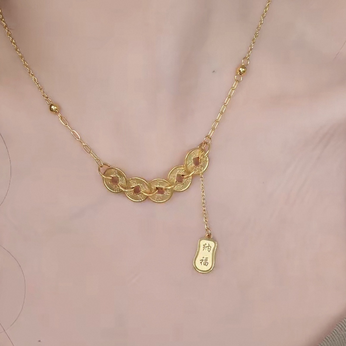 Xuping stainless steel imitation gold copper coin tassel Fu character pendant necklace for women, retro new Chinese style collarbone chain for women details Picture