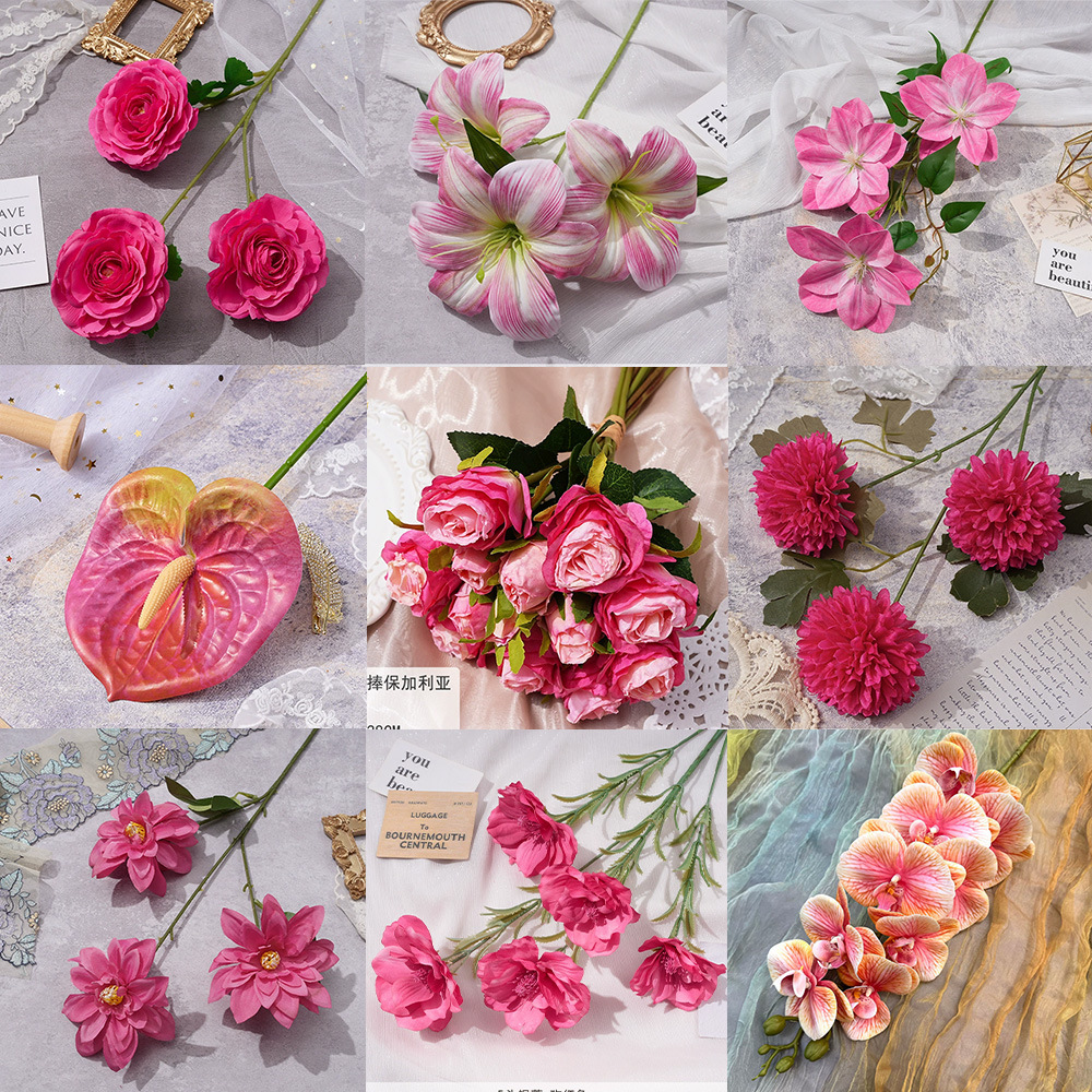 玫红色系仿真假花材婚礼堂婚庆路引餐厅玫瑰天津市武清区工艺品厂