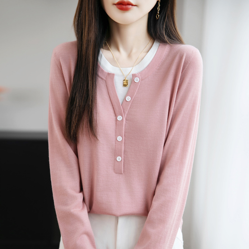 Wool blend 2026 Spring new Women's loose round-neck two-piece fake pullover base knitted sweater Application Scenario