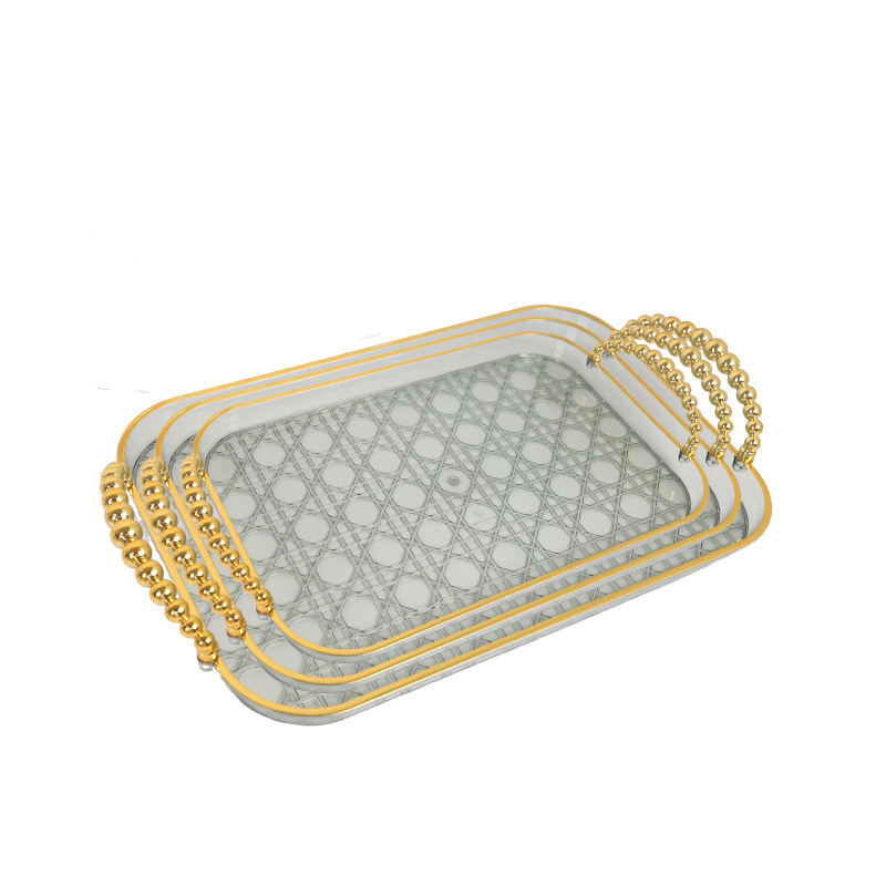 QiyuePET Light Luxury tray, water cup, plastic tea tray, transparent ins fruit tray, transparent gold edge storage tray Item Picture