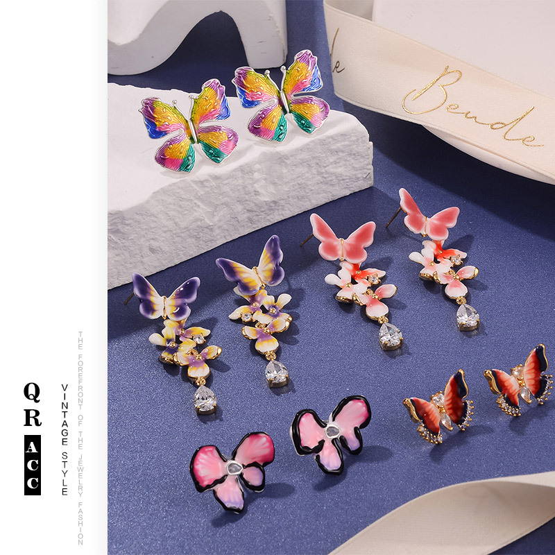 蝴蝶耳环简约新款气质彩色耳饰珐琅彩滴油夏日超仙甜美气质耳钉