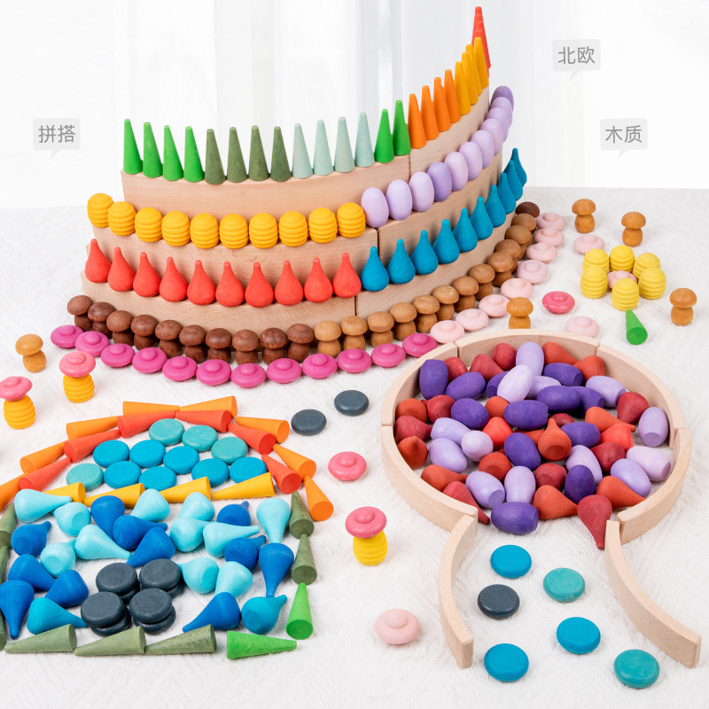 Wooden rainbow cute building blocks, children's Jenga teaching AIDS, Montessori Jenga toys, kindergarten corner area toys, cross-border Specification image