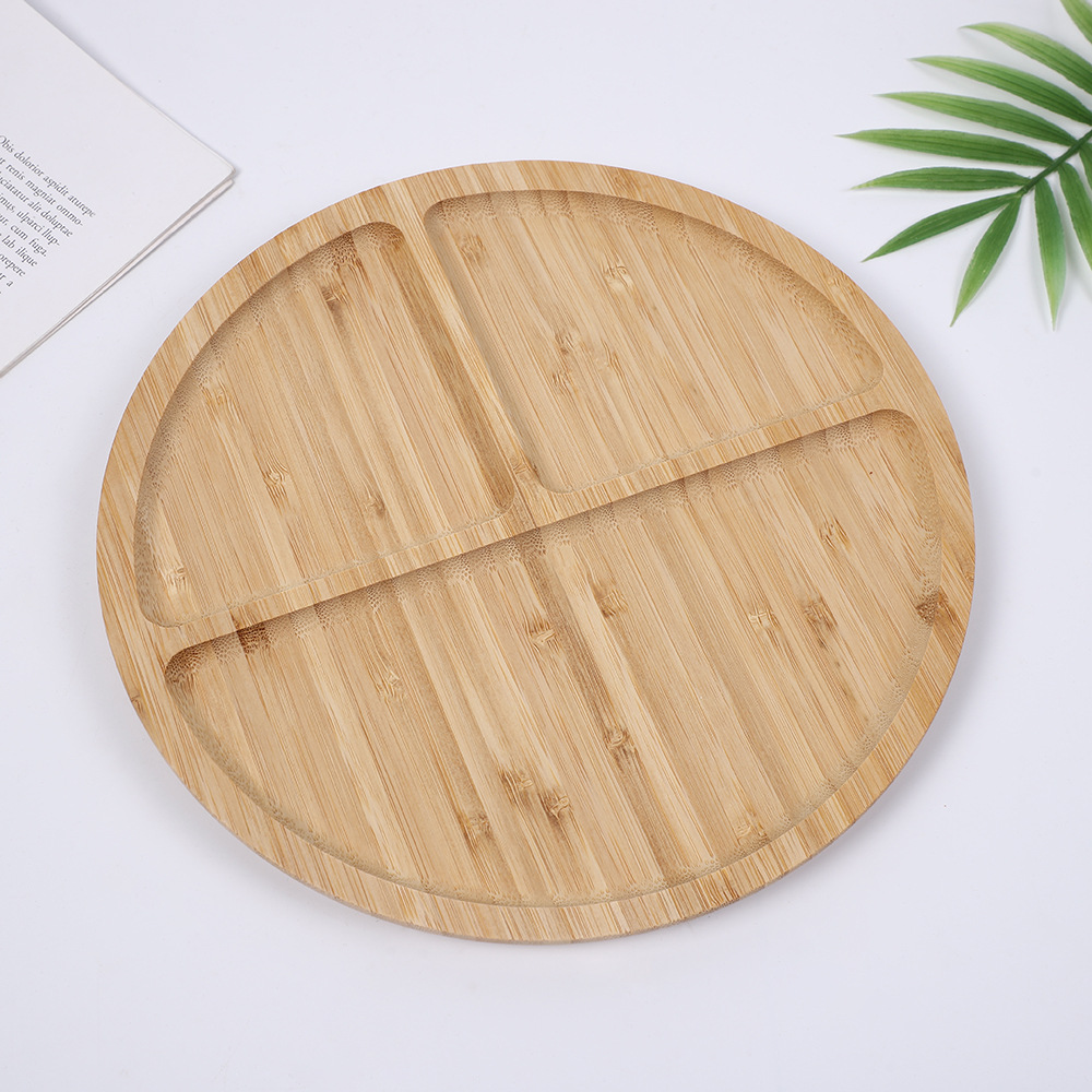 Thickened solid wood circular compartments tray, Western-style steak dessert bamboo plate, home living room bamboo and wood fruit snack plate Specification image