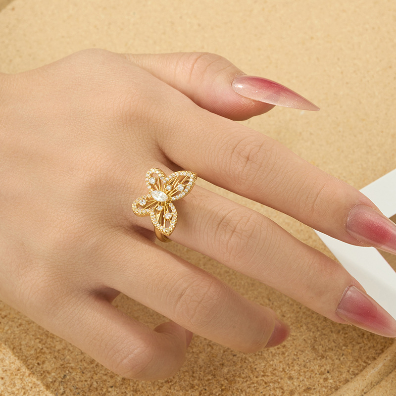 Fashionable, light luxury, dynamic butterfly opening ring, copper alloy, real gold electroplated, slightly inlaid zircon, exquisite adjustable ring details Picture