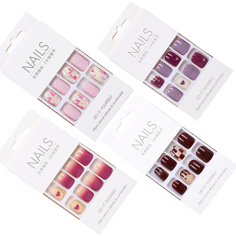 Checkered heart-shaped nail art mixed color printed false nail, colored stripe bow wearable nail, 24-piece finished nail