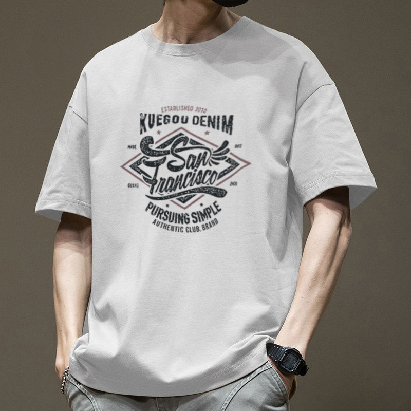 White short-sleeved men's half-sleeved T-shirt with loose print, retro round neck and letter, large-sized American style, a heavyweight Instagram Specification image